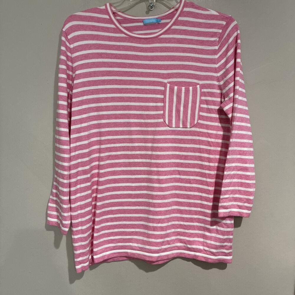 J. McLaughlin Pink Stripe Crew 3/4 Sleeve Boxy Cotton Knit Light Sweater Sz Med